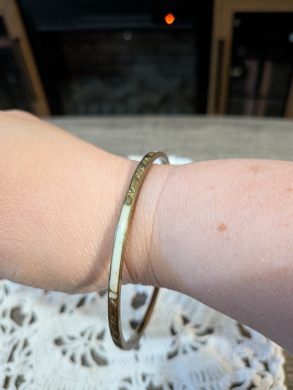 Gold Tone Bangle Bracelet with Mother Of Pearl Cream Inlay